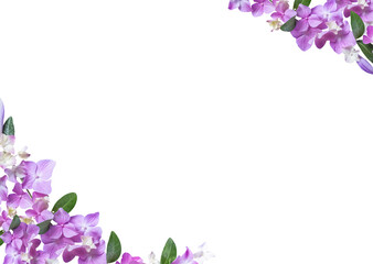Obraz premium Elegant diagonal floral border made of vibrant purple hydrangea flowers and green leaves on a white background. Ideal for wedding invitations, stationery, branding,spring or summer designs. Copy space