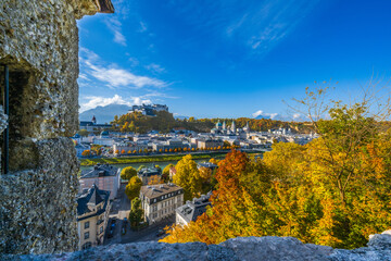 City of Salzburg with Salzach River and Fortress Hochensalzburg, Austria