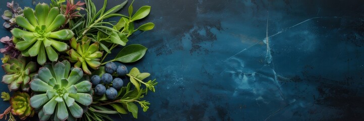 Fototapeta premium Fresh green succulents and leafy grass on a dark blue background. A banner with space for the text.