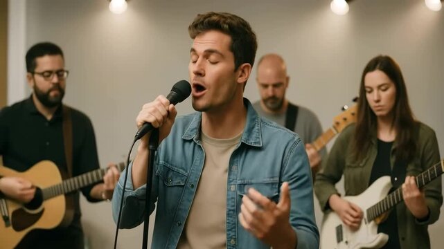 An emotional male singer performs a song with his band in a studio. Live music session with acoustic and electric guitars. Contemporary Christian worship concept
