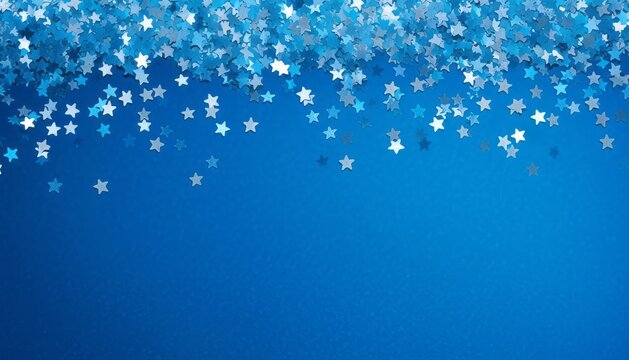 Blue abstract Christmas background or texture with stars confetti on blue background. Space for text