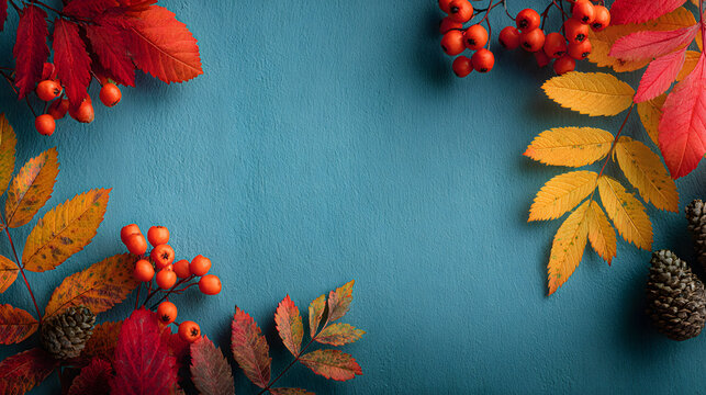 Frame of colorful red and yellow autumn leaves with cones and rowan berries on trendy blue background. First day of school, back to school, fall concept - Powered by Adobe
