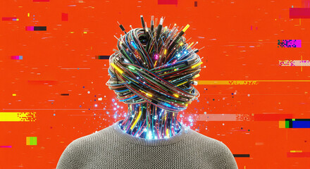 AI, Digital Identity & Data Overload Concept: Human with Glowing Wires & Fiber Optics Head on Glitched Orange Background