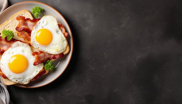 Breakfast food, fried eggs with bacon on toast. Top view, copy space