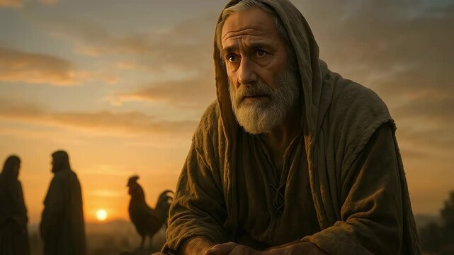The apostle Peter showing regret and sorrow at sunrise. A biblical scene depicting the denial of Jesus as the rooster crows. Cinematic portrayal of repentance and faith