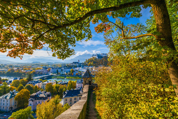 City of Salzburg with Salzach River and Fortress Hochensalzburg, Austria
