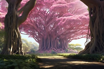 Giant pink banyan tree in the park with city view