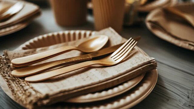Closeup of compostable serviceware set on a catering table highlighting biodegradable forks knives and plates in a professional event environment.