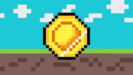 Golden pixel art coin illustration, a vibrant digital game asset floating in a retro landscape, symbolizing virtual currency, rewards, and achievements in immersive gaming worlds - Powered by Adobe