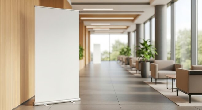 Roll-up standee banner mockup in modern office hall. Blank white template for presentation or promotion. Commercial design, exhibition space with plants, sofa, windows and natural light.