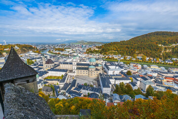 City of Salzburg with Salzach River. View from the Fortress Hochensalzburg, Austria