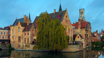 Medieval architecture on the autumn streets of historic center of Bruges, Belgium, October 20, 2025.