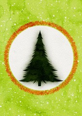 christmas tree encircled by red garland with snowfall in the background