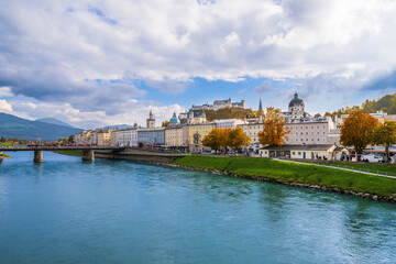 City of Salzburg with Salzach River and Fortress Hochensalzburg, Austria