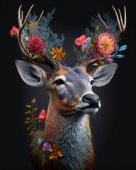 Portrait Deer with Colorful Flowers