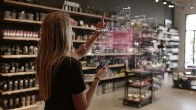 Medium shot of a retail store environment enhanced with augmented reality graphics showcasing interactive product details and promotions above shelves