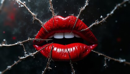 Red lips behind cracked glass with dark background