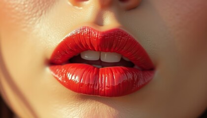 Close-up of woman's lips with glossy red lipstick  