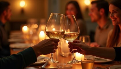 Group of friends toasting with wine glasses at candlelit dinner  
