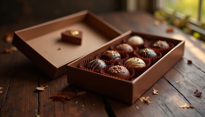 Chocolate truffles in brown box on wooden table with autumn leaves  
