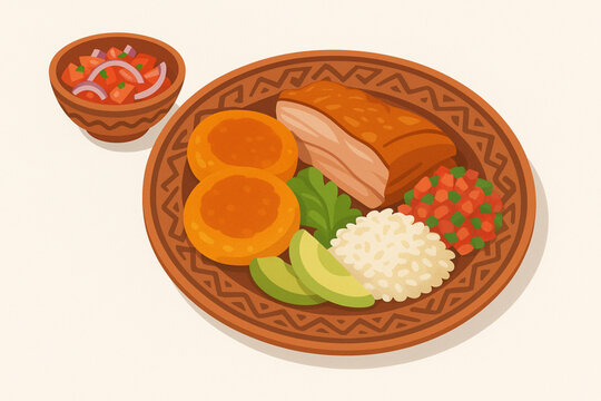 Stylized Ecuadorian Cuisine Illustration: Llapingachos and Hornado on Traditional Ceramics, Flat Vector on White Background