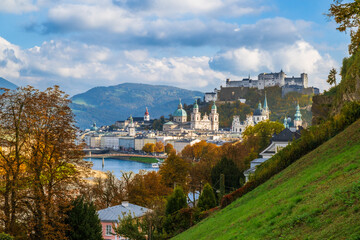 City of Salzburg with Salzach River and Fortress Hochensalzburg, Austria