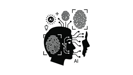 Artificial intelligence concept with human brain and face profiles connected by neural network lines and icons in black and white