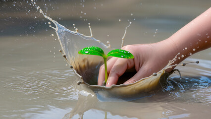 Close-up of a hand gently shielding a young sprout with vibrant green leaves amidst a powerful splash of muddy water or liquid soil. Dynamic droplets and splashes are frozen in time, forming a crown-l