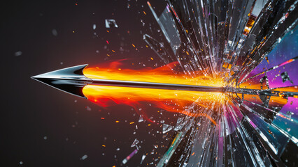 High-quality conceptual stock photo featuring a metallic arrow engulfed in flames shattering a glass pane at high speed. A dynamic composition showcasing flying transparent fragments, bright fire, and