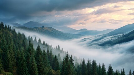 Obraz premium Serene Mountain Landscape at Dawn with Dense Fog and Lush Green Pine Forests Under Dramatic Cloudy Sky in a Peaceful Natural Setting