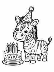 Naklejka premium A zebra wearing a party hat stands next to a birthday cake with five lit candles.