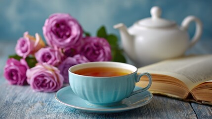 Fototapeta premium Tea Time with Pink Roses
