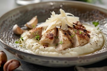 Grilled Chicken Breast on Mashed Potatoes with Truffle and Herbs