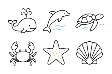 Minimalist sea creature icons featuring whale, dolphin, turtle, crab, starfish, and seashell