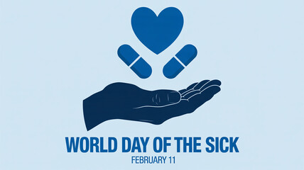 World day of the sick illustration featuring heart, pills, and hand symbols