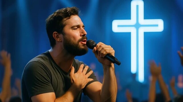 A passionate male singer worships on stage at a christian concert. Man singing praise music with a glowing neon cross in the background. Faith and spirituality concept