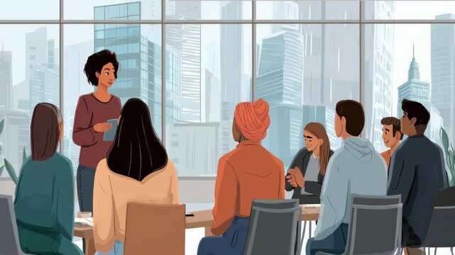 Animated HR manager presenting new inclusion guidelines to employees during a meeting in a modern office setting.