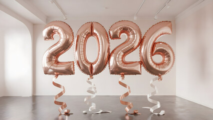 2026 Rose Gold Foil Balloons Celebration Background, Minimalist Room Interior with Ribbons, Metallic Number Party Decoration for New Year Eve, Holiday Banner, Future Planning Concept, Luxury 3D Style.