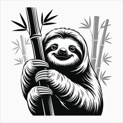 Obraz premium Smiling sloth hanging from bamboo silhouette vector illustration
