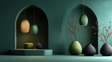 Dark green abstract studio room with limbo backdrop, minimal wall scene, showcase for christmas and new year design, 3d product presentation mockup