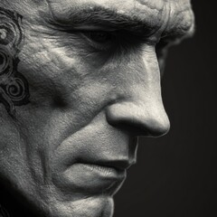 Obraz premium Close-up of a Tattooed Man's Face in Black and White