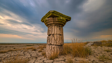 A conceptual and dramatic stock photo depicting the ruins of an ancient civilization. At the center of the frame is a massive Corinthian or Doric column with a moss-covered capital, standing on dry, t