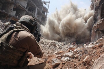 Obraz premium Intense Urban Warfare Scene with Gunner Amidst Rubble and Dust Explosion