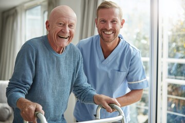 Happy Male Caregiver Assisting a Senior Man with a Walker