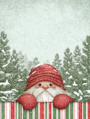 Adorable Hand-Drawn Christmas Gnome Illustration Peeking Over Festive Candy Cane Border: Cute Winter Dwarf Character in Snowy Pine Forest, Ideal for Holiday Cards, Vertical Posters
