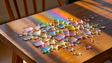 A high-quality stock photo capturing a scattering of translucent glass fragments on the surface of a massive wooden table. Sunlight passing through the glass creates a vibrant rainbow projection and s