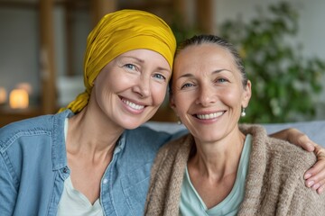 Supportive caregiver embracing a smiling woman with cancer