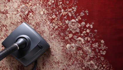Hoovering carpet with vacuum cleaner, above view and space for text. Clean trace on dirty surface