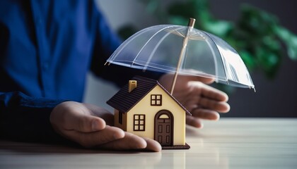 insurance business The agent spreads the umbrella on the house. The concept of preventing health accidents and natural disasters, a close-up image.