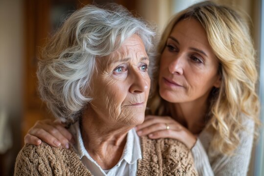 Compassionate caregiver comforting a sad and lonely senior woman